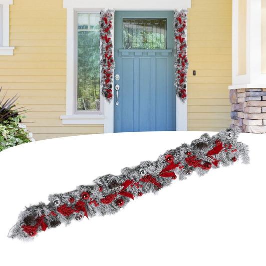 5FT Christmas Garland Red Berries White Pine Cones Snow Rattan Pendant Decoration for Indoor Outdoor Xmas Party Home Fireplace Front Decor