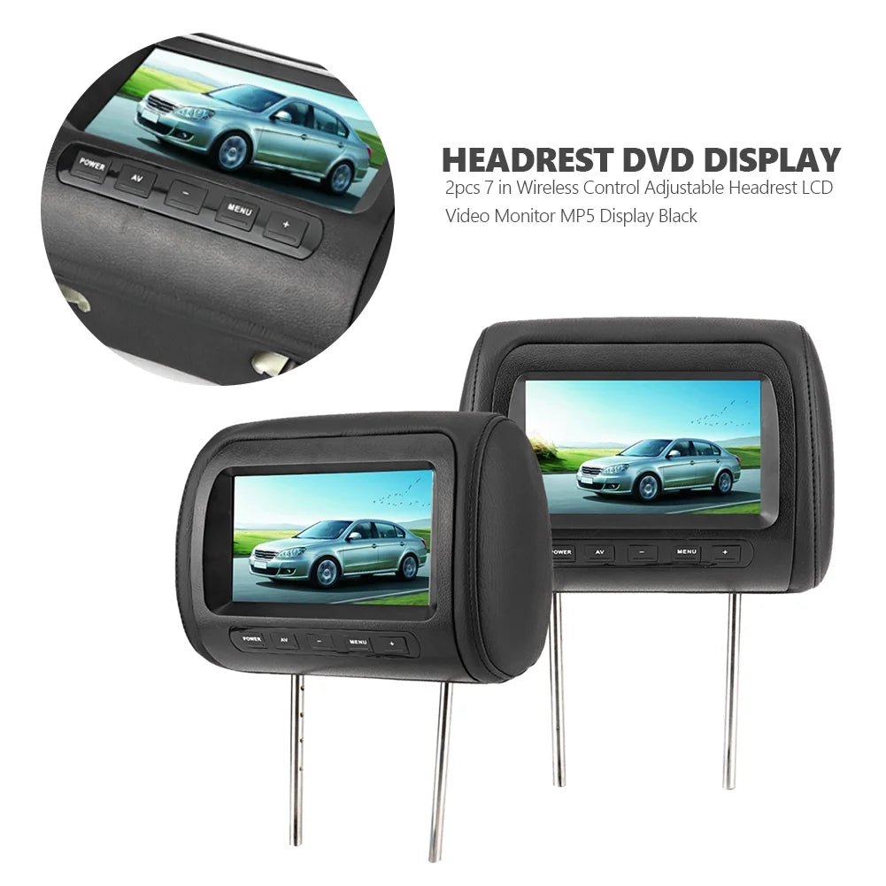 2pcs 7 in Wireless Control Adjustable Headrest LCD Video Monitor MP5 Display Black