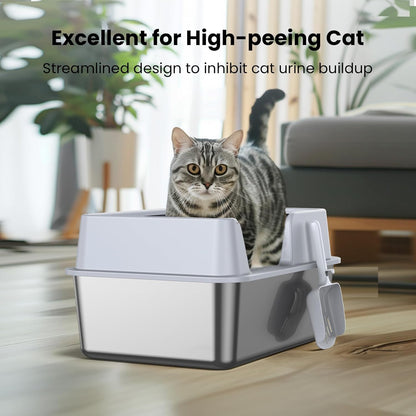 Stainless Steel Litter Box, Side Entry Scratch Proof Versatile Enclosed High Sides Litter Box Secure Structure  For Small Medium Cats