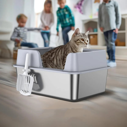 Stainless Steel Litter Box, Side Entry Scratch Proof Versatile Enclosed High Sides Litter Box Secure Structure  For Small Medium Cats