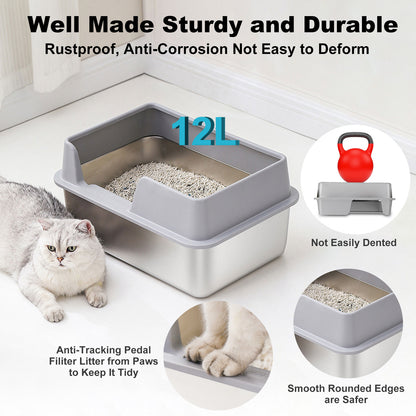 Stainless Steel Litter Box, Side Entry Scratch Proof Versatile Enclosed High Sides Litter Box Secure Structure  For Small Medium Cats