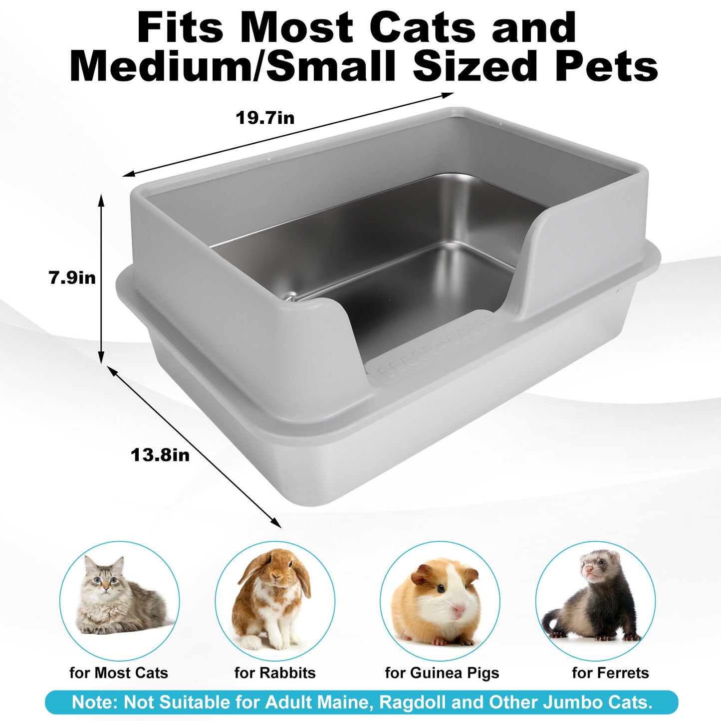 Stainless Steel Litter Box, Side Entry Scratch Proof Versatile Enclosed High Sides Litter Box Secure Structure  For Small Medium Cats