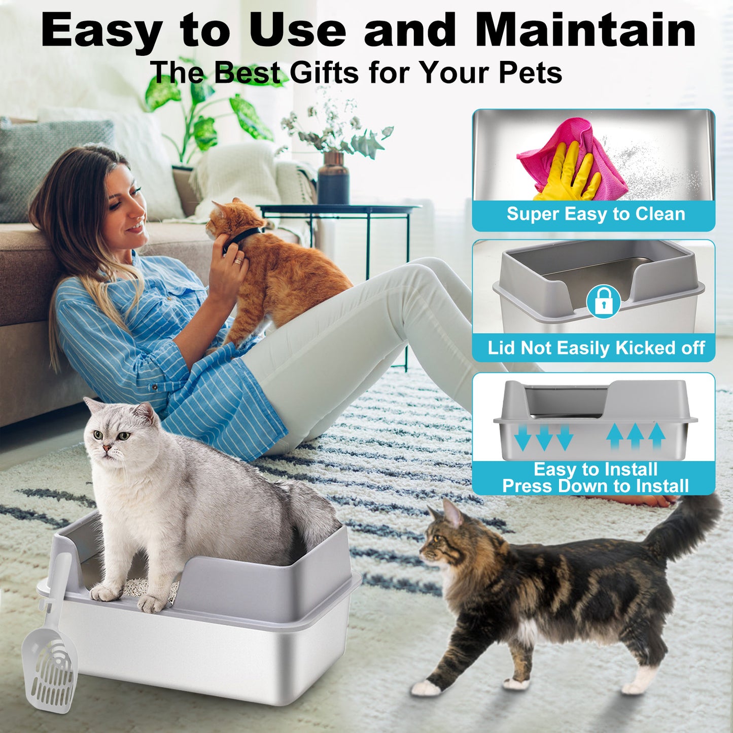 Stainless Steel Litter Box, Side Entry Scratch Proof Versatile Enclosed High Sides Litter Box Secure Structure  For Small Medium Cats