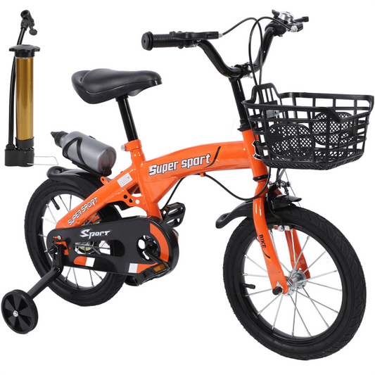 14" 16" 18" Kids Bike with Training Wheels, Height Adjustable Kid's Bicycle with Basket/Water Bottle/Inflator/Bell, Christmas Birthday New Year Gifts for Girls Boys Toddlers Kids 3 to 12 Years Old