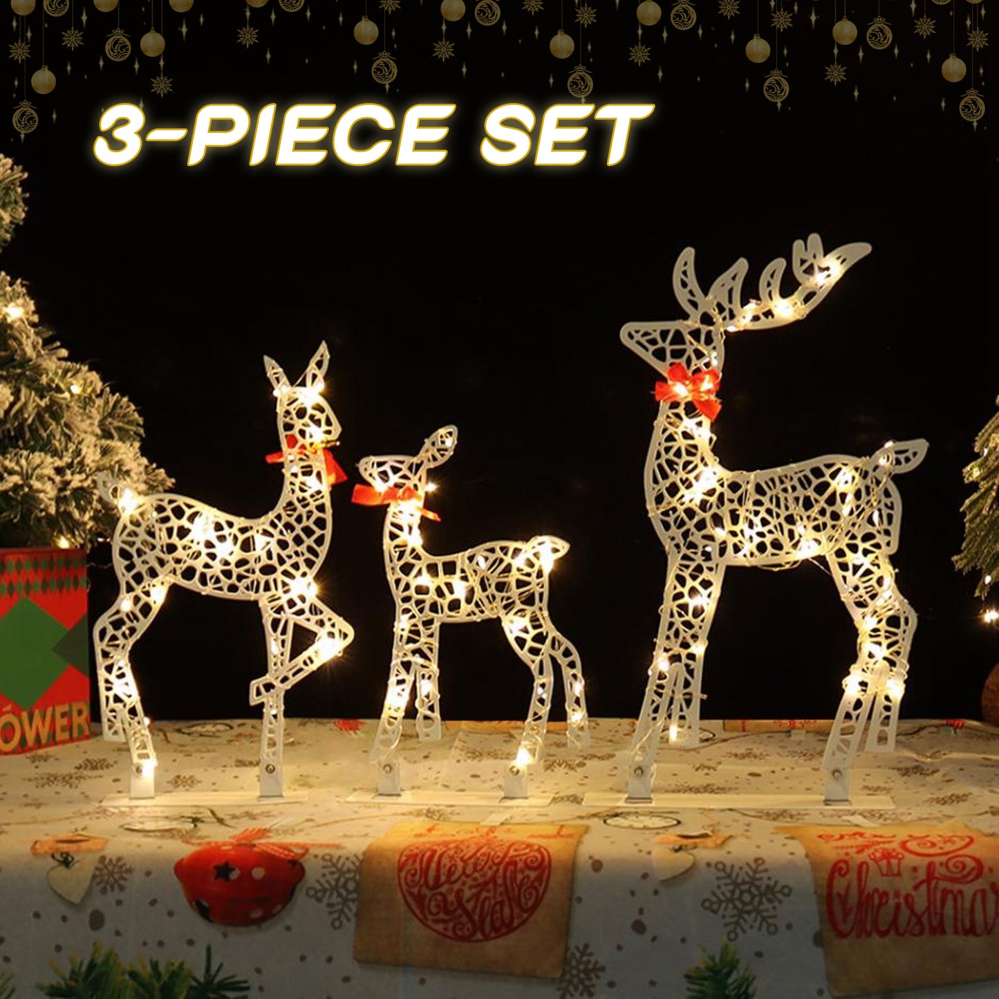 3-Piece Lighted Christmas Deer Set Outdoor Yard Decoration with 360 LED Lights, Home Warm White Light for Christmas Xmas Gift