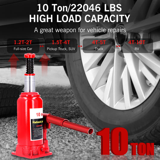 10 Ton Welded Bottle Jack Hydraulic Car Jack, (22046 lbs) Capacity, Red, Hand Operated Low Position Bottle Jack for Car Van SUV Small Trucks Repair