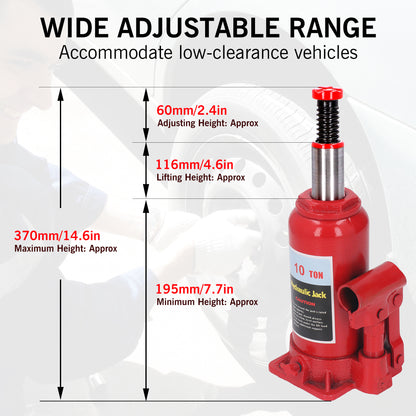 10 Ton Welded Bottle Jack Hydraulic Car Jack, (22046 lbs) Capacity, Red, Hand Operated Low Position Bottle Jack for Car Van SUV Small Trucks Repair