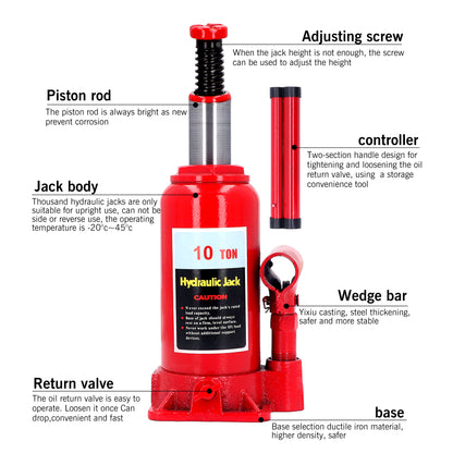 10 Ton Welded Bottle Jack Hydraulic Car Jack, (22046 lbs) Capacity, Red, Hand Operated Low Position Bottle Jack for Car Van SUV Small Trucks Repair